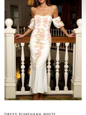 Kahulale’a Strapless White Dress with Pink Floral Embroidery